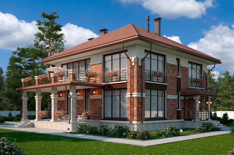 Кирпичный дом с террасой и балконом