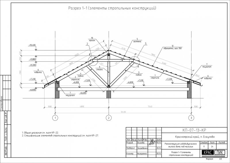 Разрез двускатной крыши чертеж