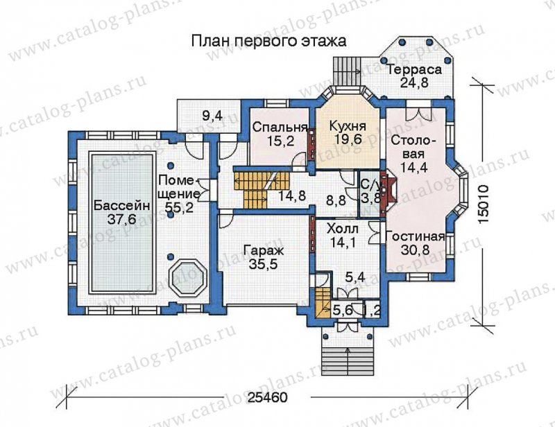 План 2 этажного дома с бассейном внутри
