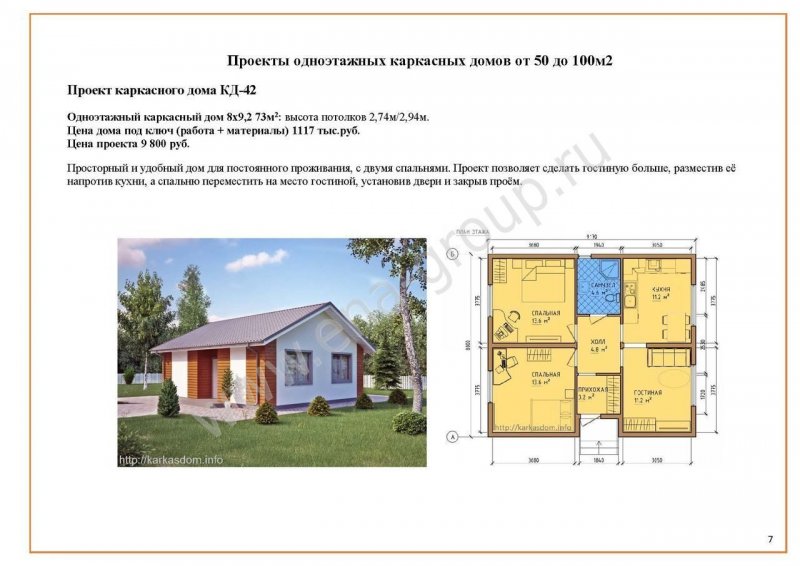 Каркасный одноэтажный дом проект до 100 кв.м