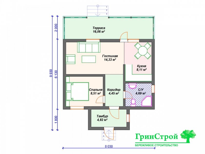 Проект одноэтажного каркасного дома 60 м2