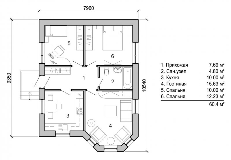 Планировка три спальни 65м2