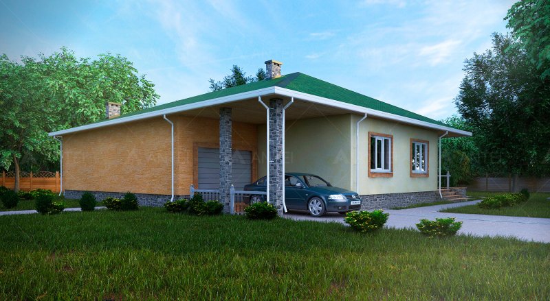 Каркасный одноэтажный дом с гаражом и навесом
