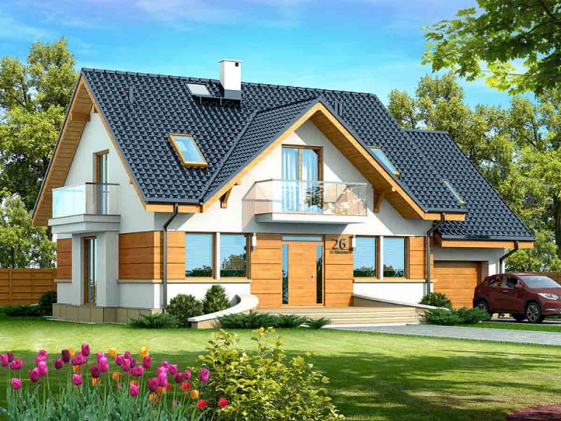 Дом с двускатной крышей и верандой