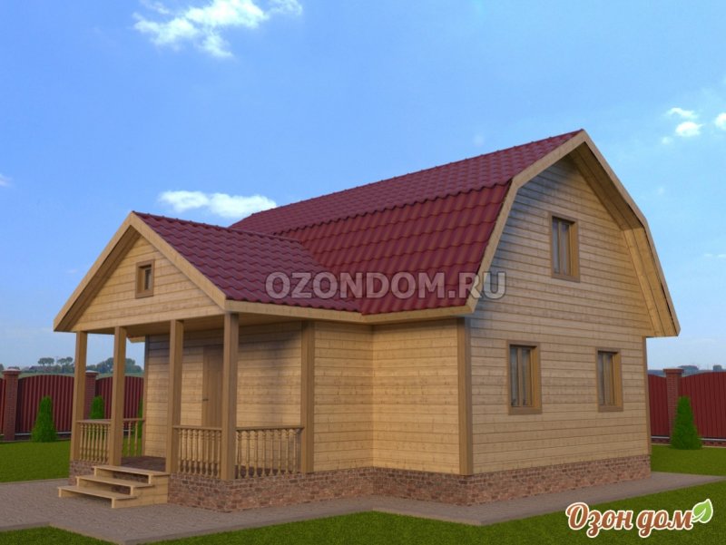 Дом с ломаной крышей и верандой с двускатной крышей