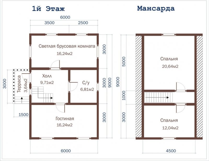Планировка дома 6 на 9 с мансардой из бруса