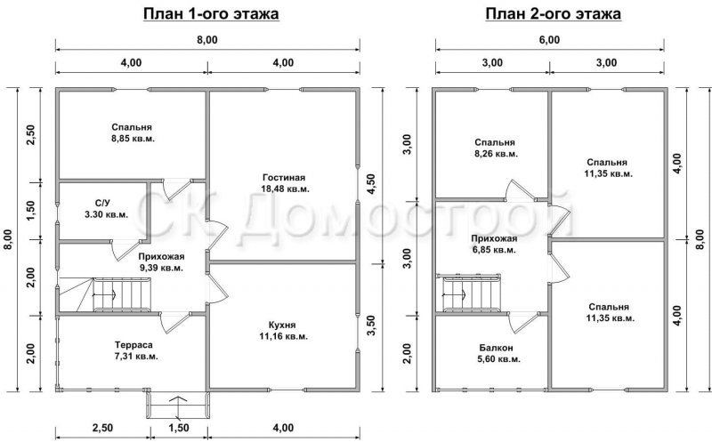 План дома 2 этажа 8 на 8