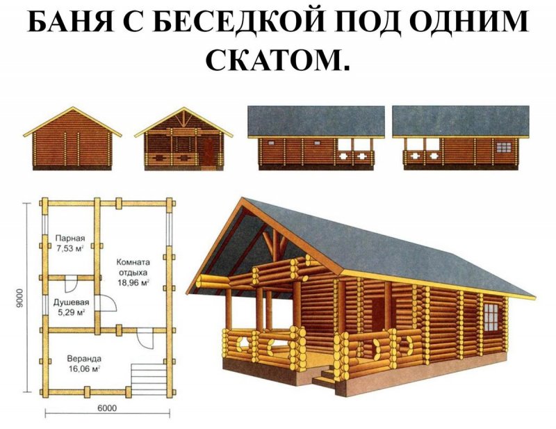 Баня с террасой под одной крышей из бревна 6 на 7