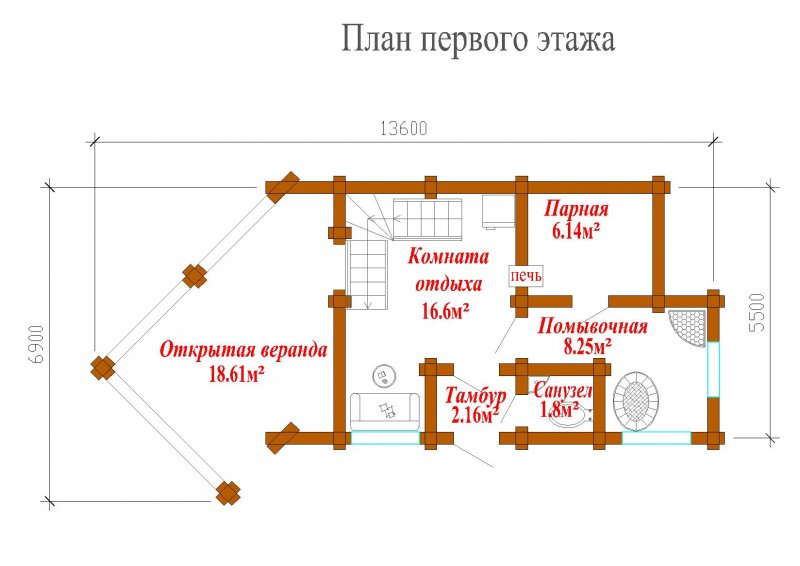 Планировка бани с террасой и барбекю