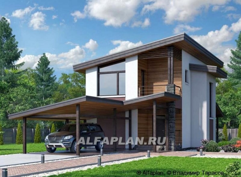 2х этажный дом с односкатной крышей и террасой