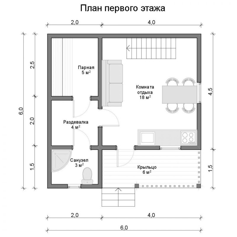Планировка бани 6х6 с мансардой и туалетом