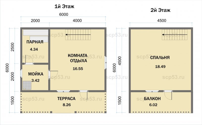 План бани из бруса 6х6 2 этажа