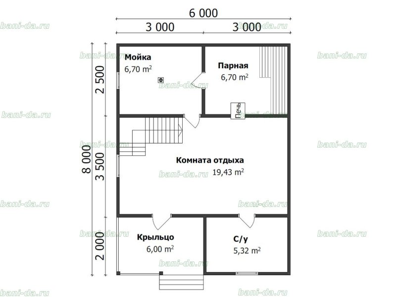 План бани 6х6 с мансардой