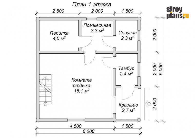 Планировка бани 6х6 с террасой 2х6