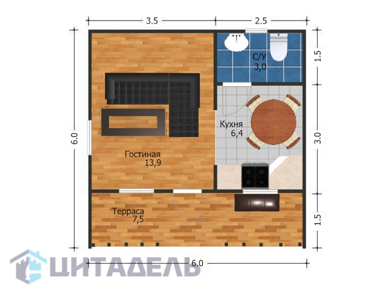 Планировка дачного домика 6х6 с печкой