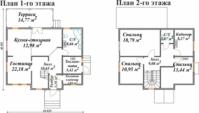 Чертёж 2-х этажного дома с размерами