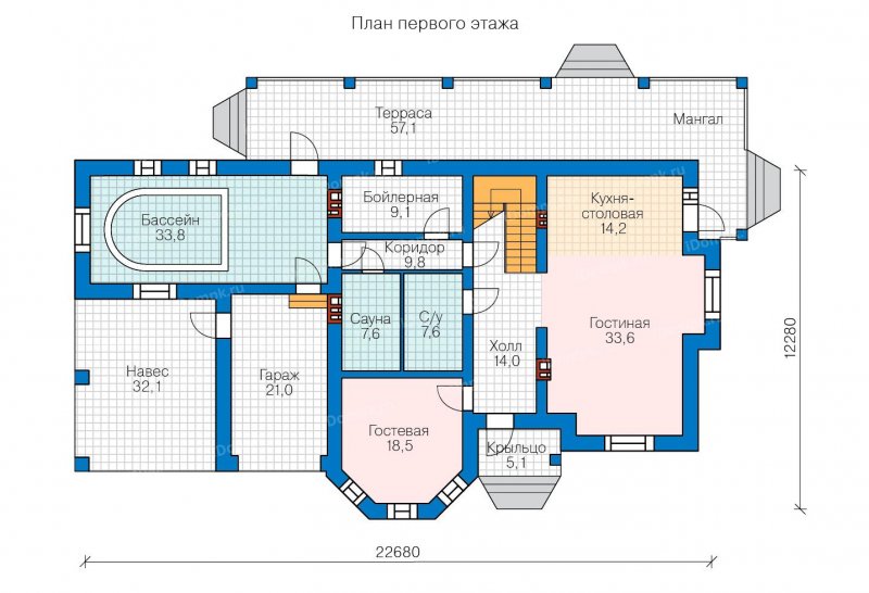 Планировка дома с бассейном и гаражом