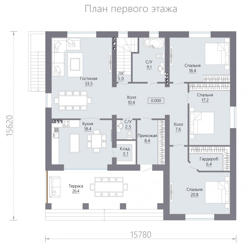 Одноэтажный дом 100м2 с 2 спальнями и котельной