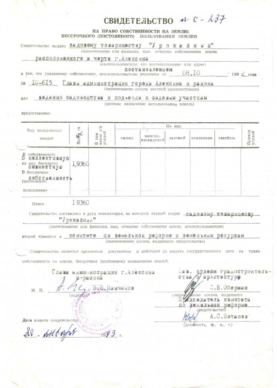 Свидетельство о собственности на землю