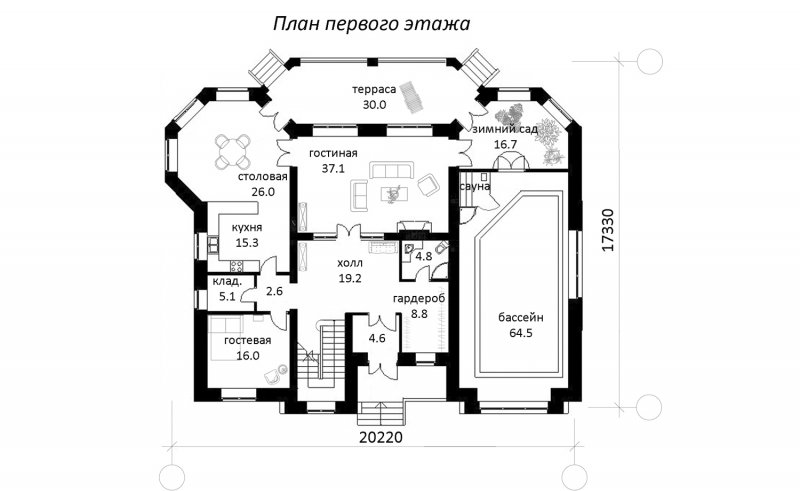 Планировка коттеджа с зимним садом