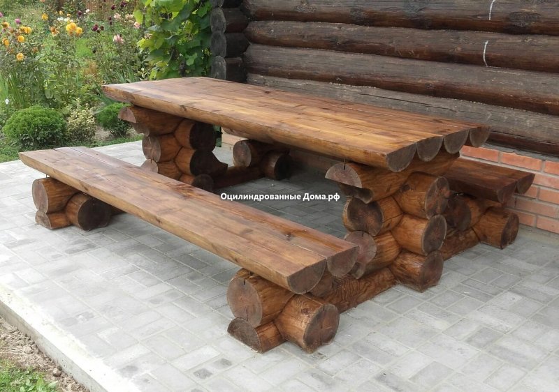 Скамейки и столики из бревна