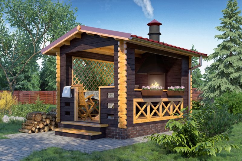 Крытая беседка застекленная с мангалом и барбекю 4х6