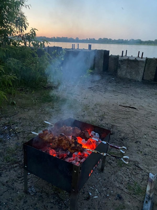 Мангал на природе с шашлыком весной