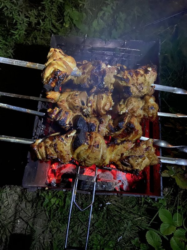 Шашлык на костре ночью
