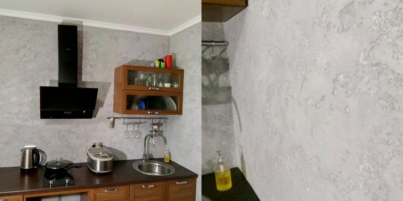 Розовая декоративная штукатурка на кухне