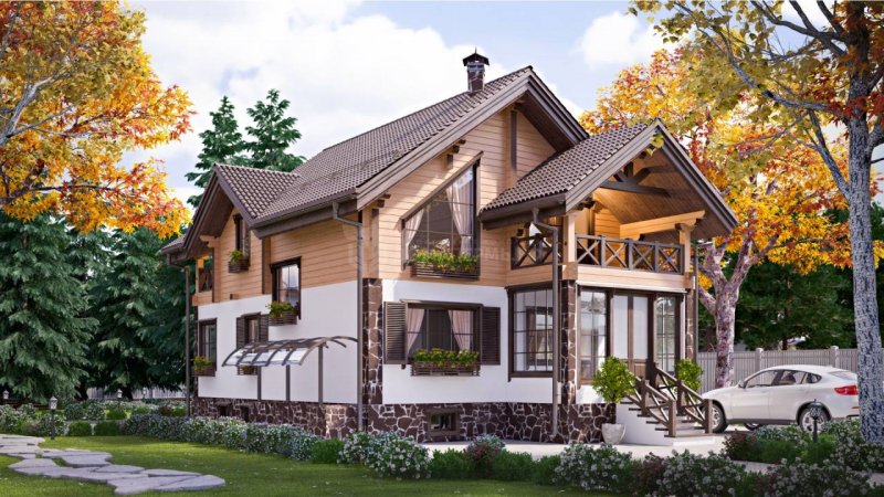 Комбинированный фасад дома с мансардой