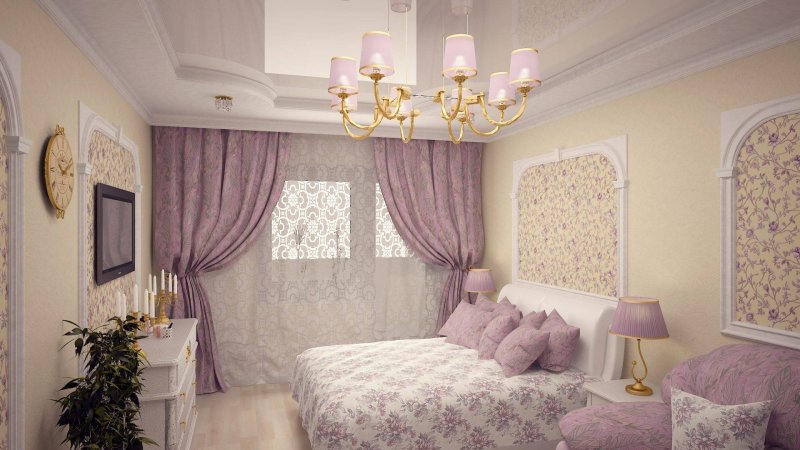 Классический интерьер спальни в сиреневых тонах
