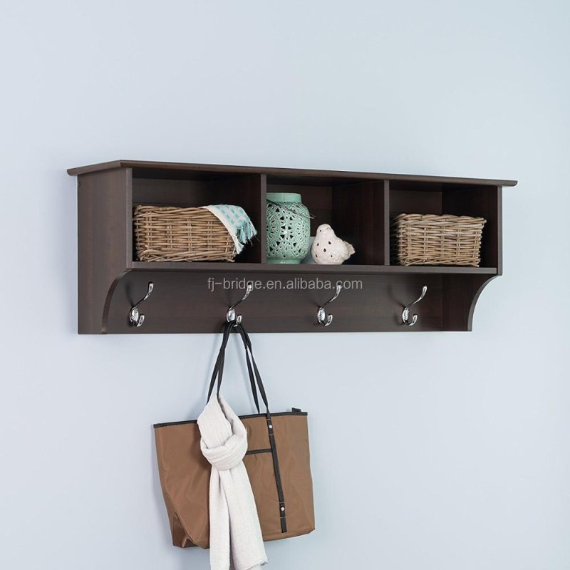 Natrual Wood Entryway 3 Cubbie Shelves Wall Hanging Coat Hooks
