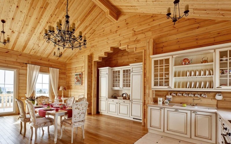 Кухня гостиная Сканди в доме из бруса
