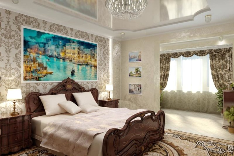 Фреска в классическом интерьере спальни