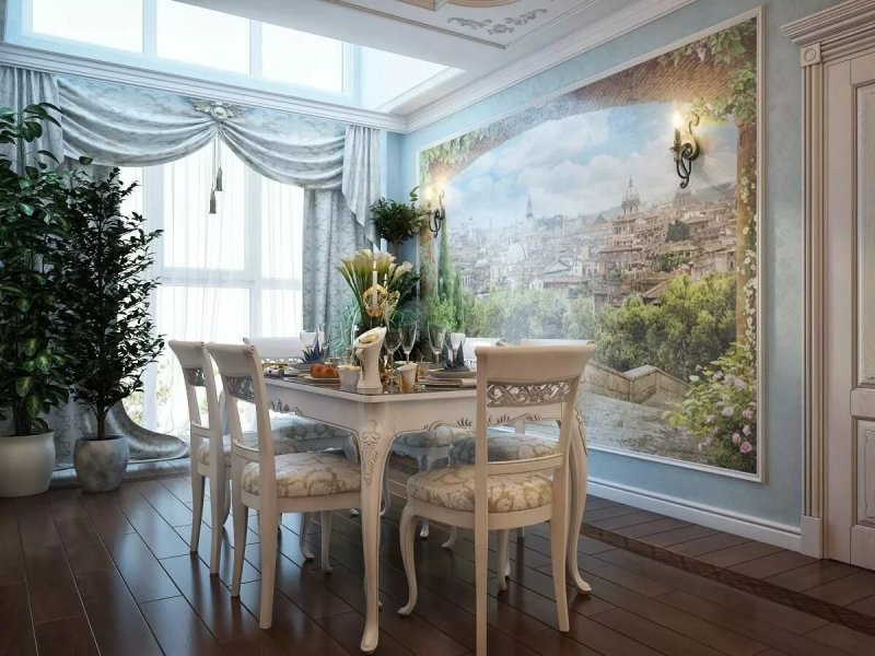 Фрески в интерьере маленькой кухни