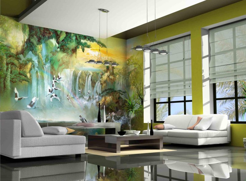 Фреска водопад в интерьере Affresco