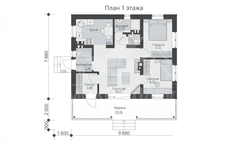 Одноэтажный дом 100м2 с 2 спальнями и вторым светом