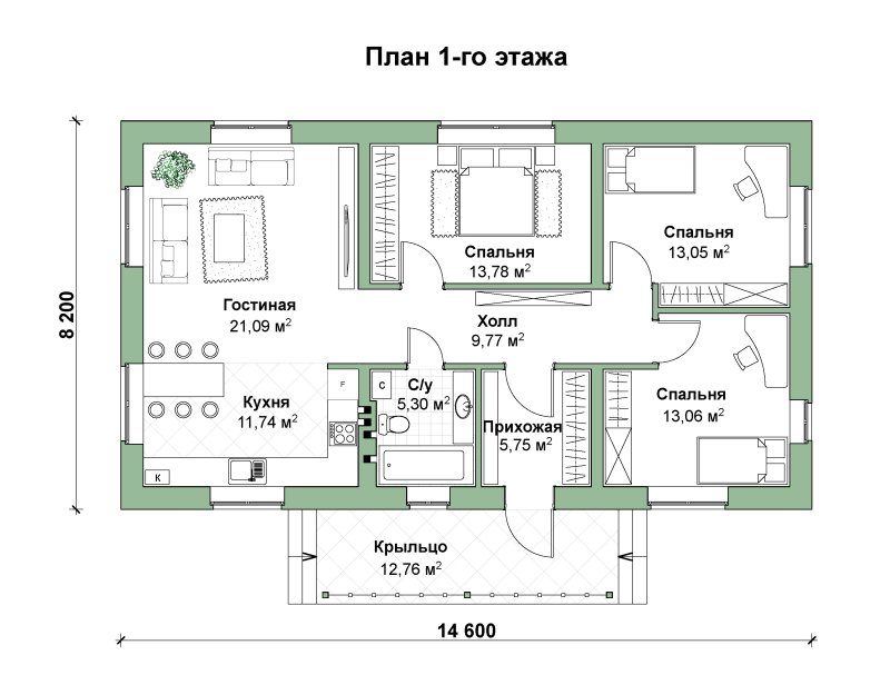 Планировка три спальни 65м2