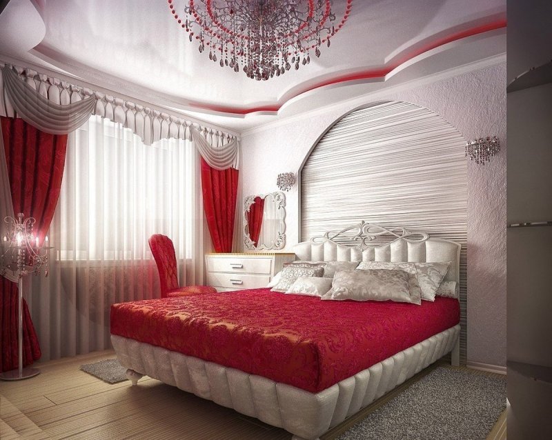 Спальня с красной кроватью