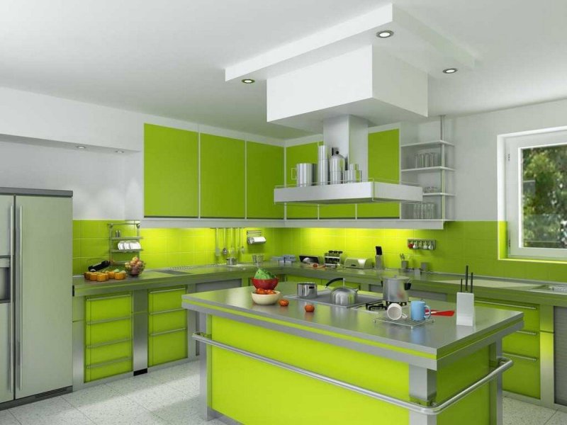 Серо зеленая кухня в интерьере