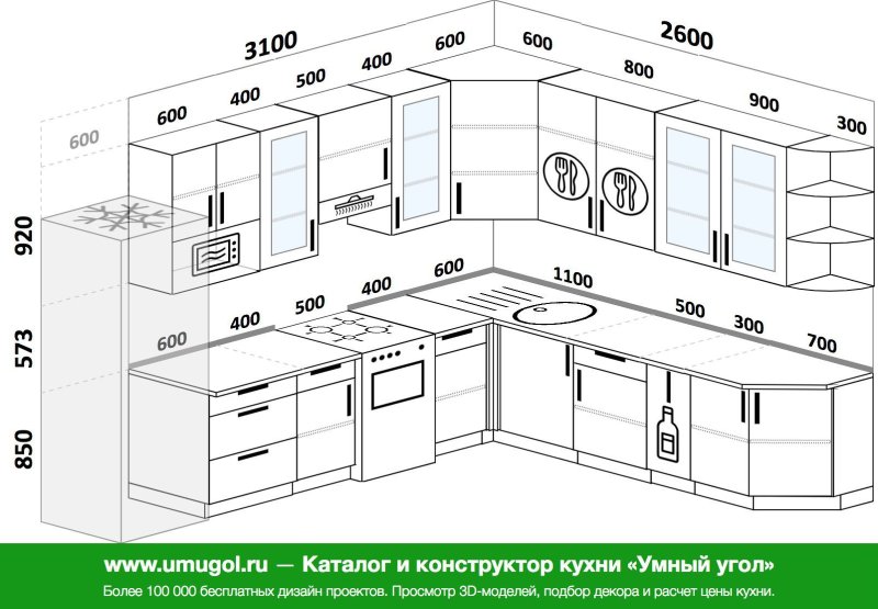 Планировка угловой кухни