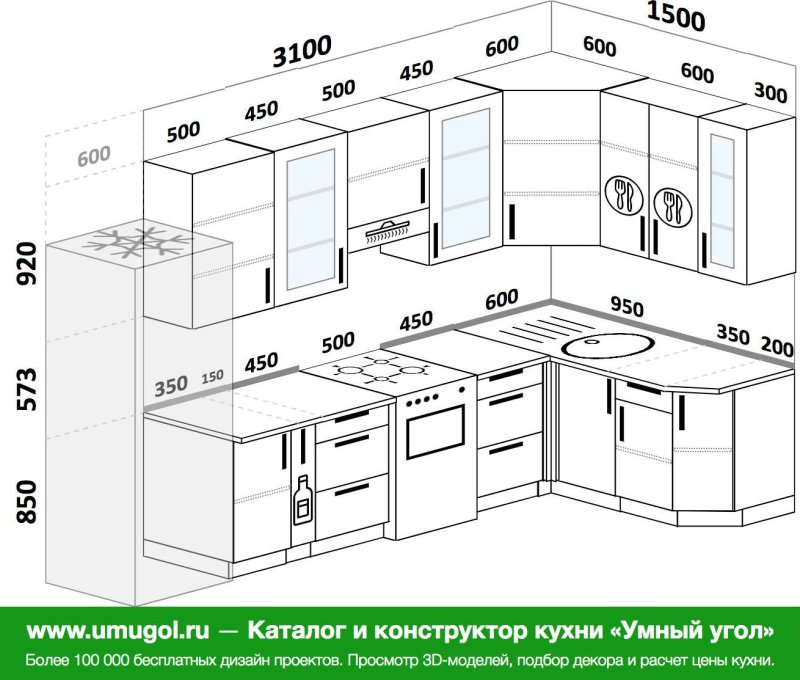Чертеж с размерами угловой кухни 2метра на 2 метра
