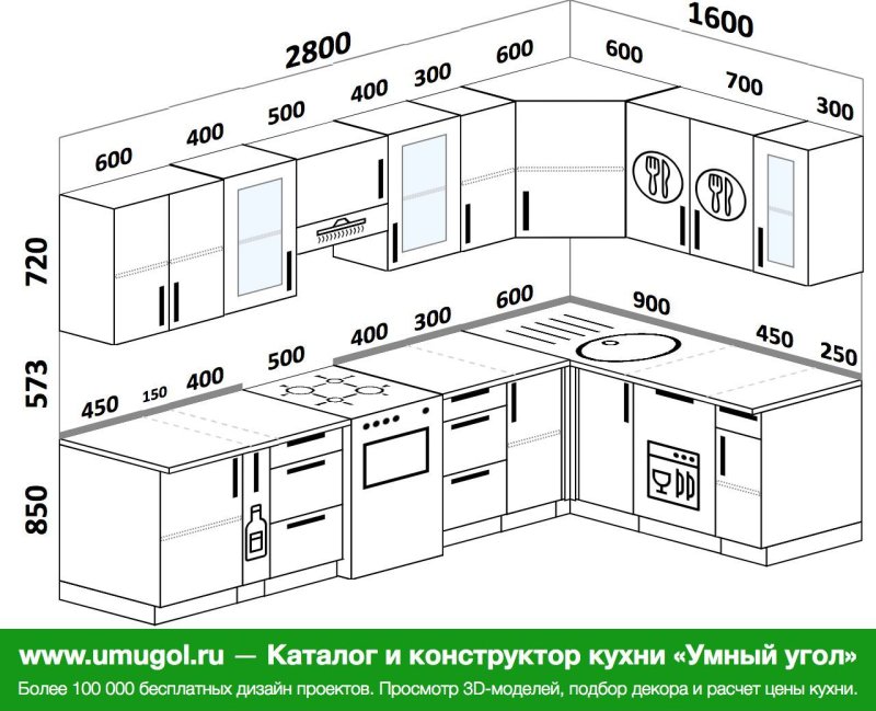 Чертеж кухонного гарнитура углового