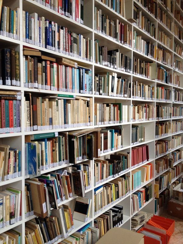 Полки с книгами в библиотеке