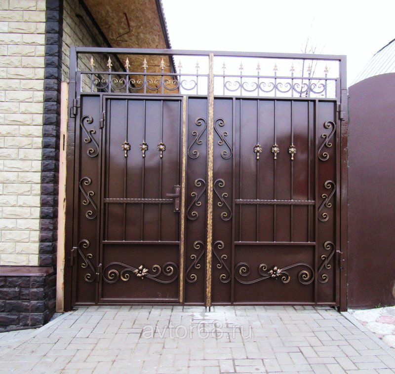 Ворота распашные металлические с калиткой из профнастила