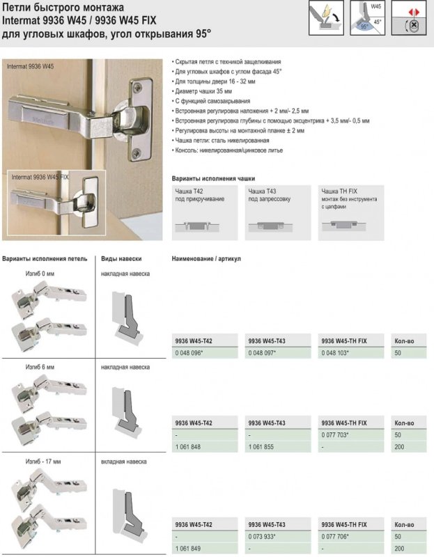 Петля накладная 9936 Intermat Hettich для узкого al профиля