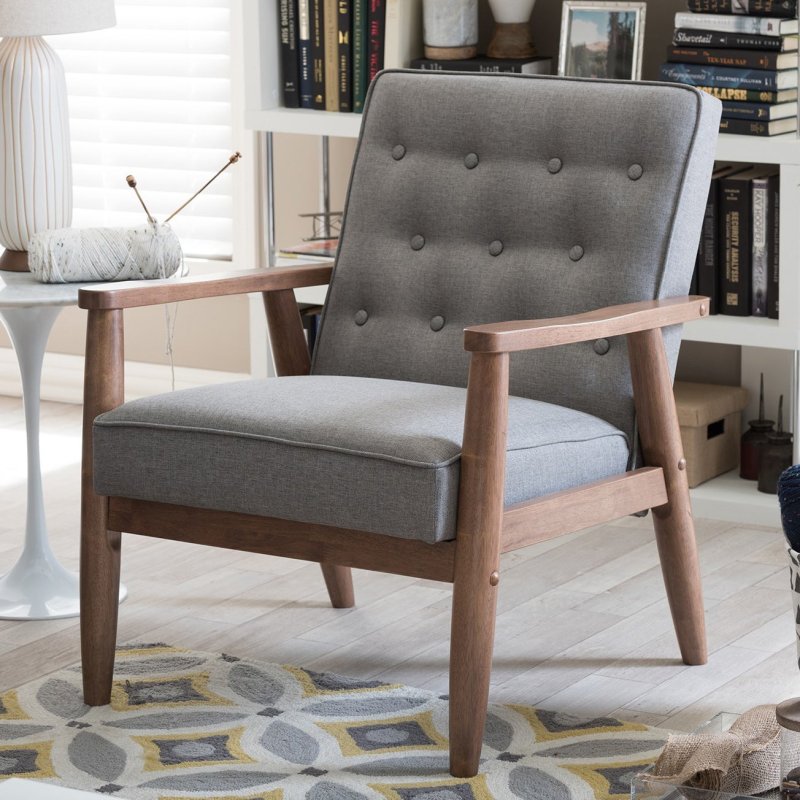 Brown Tufted Mid-Century Roman Accent Chair