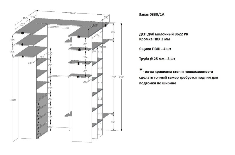 Наполнение шкафа купе 3 метра на 3 двери с размерами