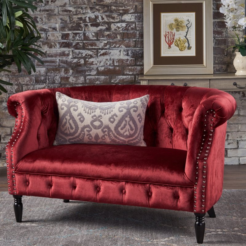 Melaina BLACKBERRY Tufted rolled Arm Velvet Chesterfield Loveseat Couch